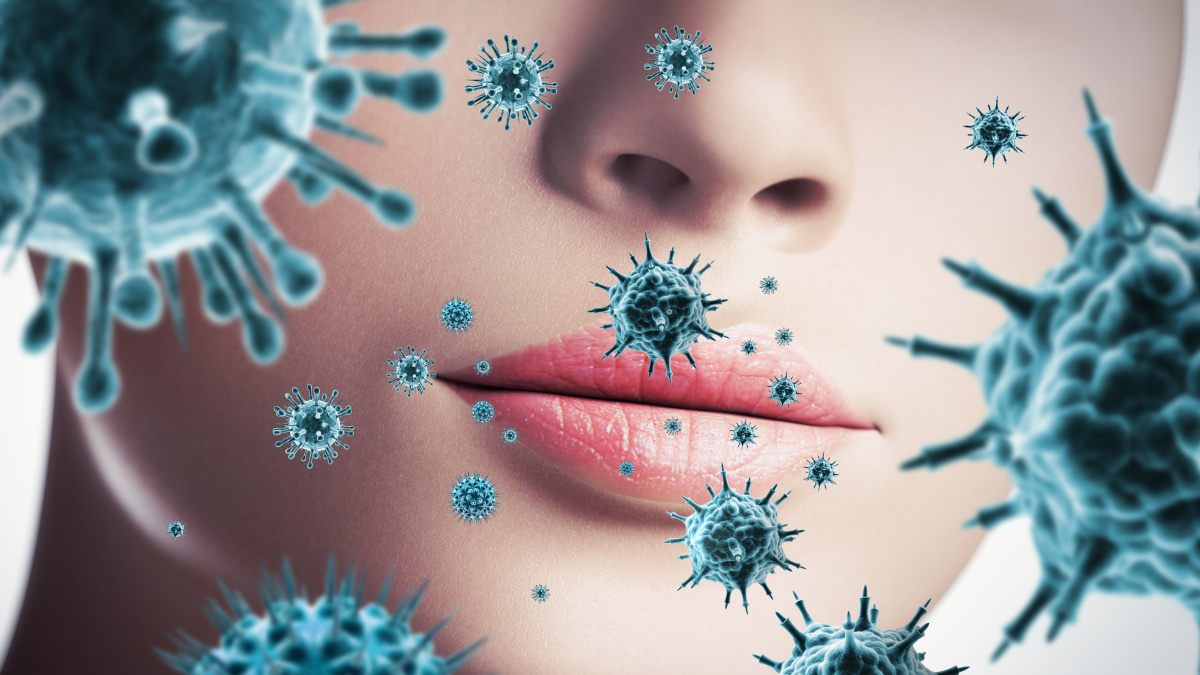 Woman’s face and germs Immune system attacking infections